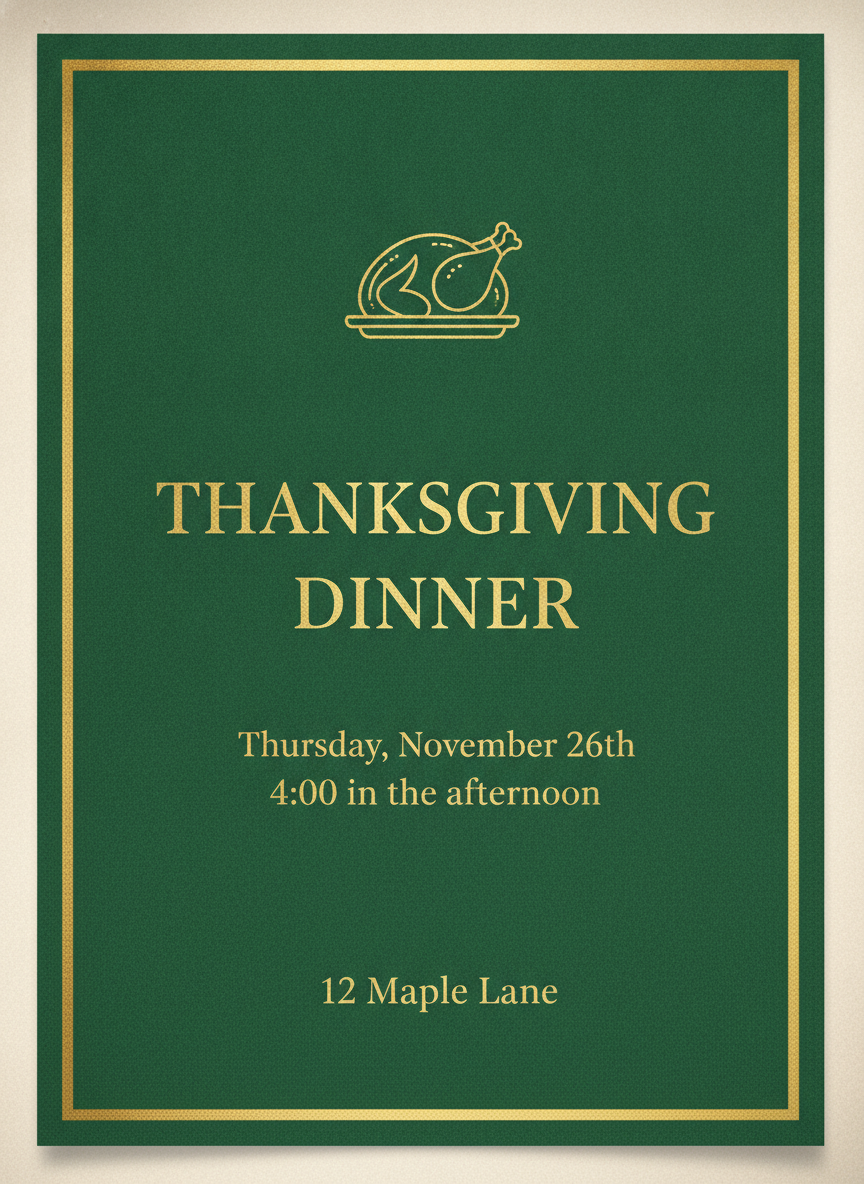 AI Thanksgiving dinner invitation example — a deep forest green card with a gold border and a gold line drawing of a roast turkey, reading Thanksgiving Dinner in gold capitals with the date, time and address set on separate lines below