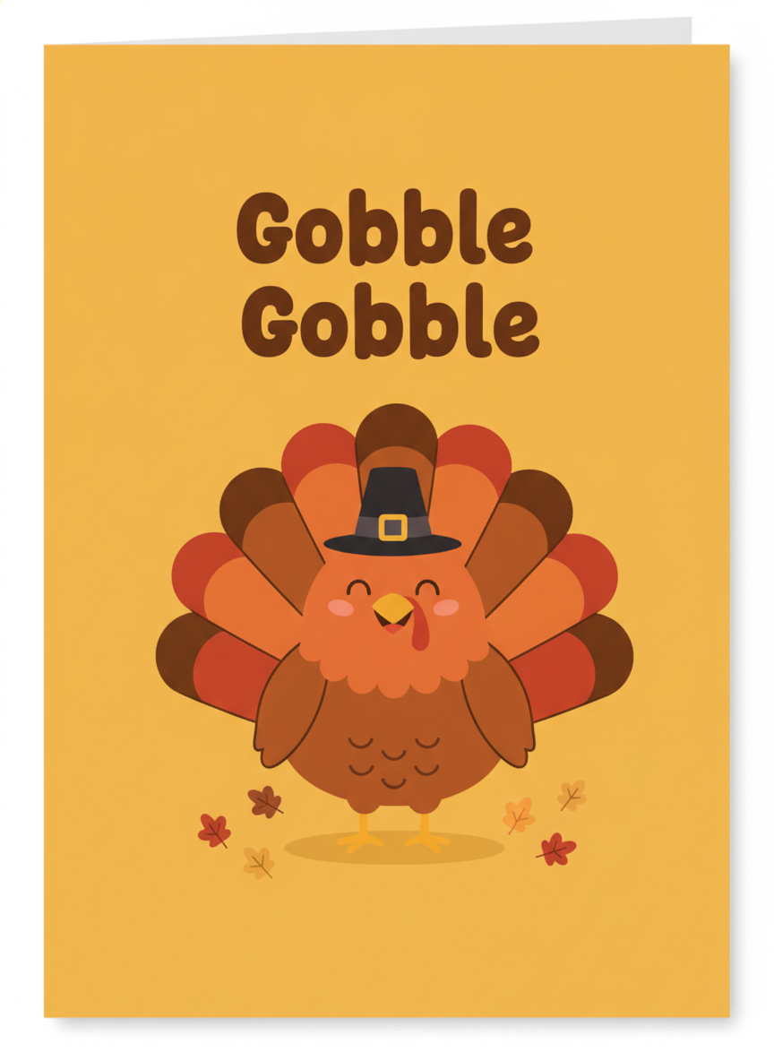 Playful AI Thanksgiving card for kids — a mustard yellow card with a smiling cartoon turkey in a pilgrim hat with a fanned orange and brown tail, under chunky hand lettered brown words reading Gobble Gobble