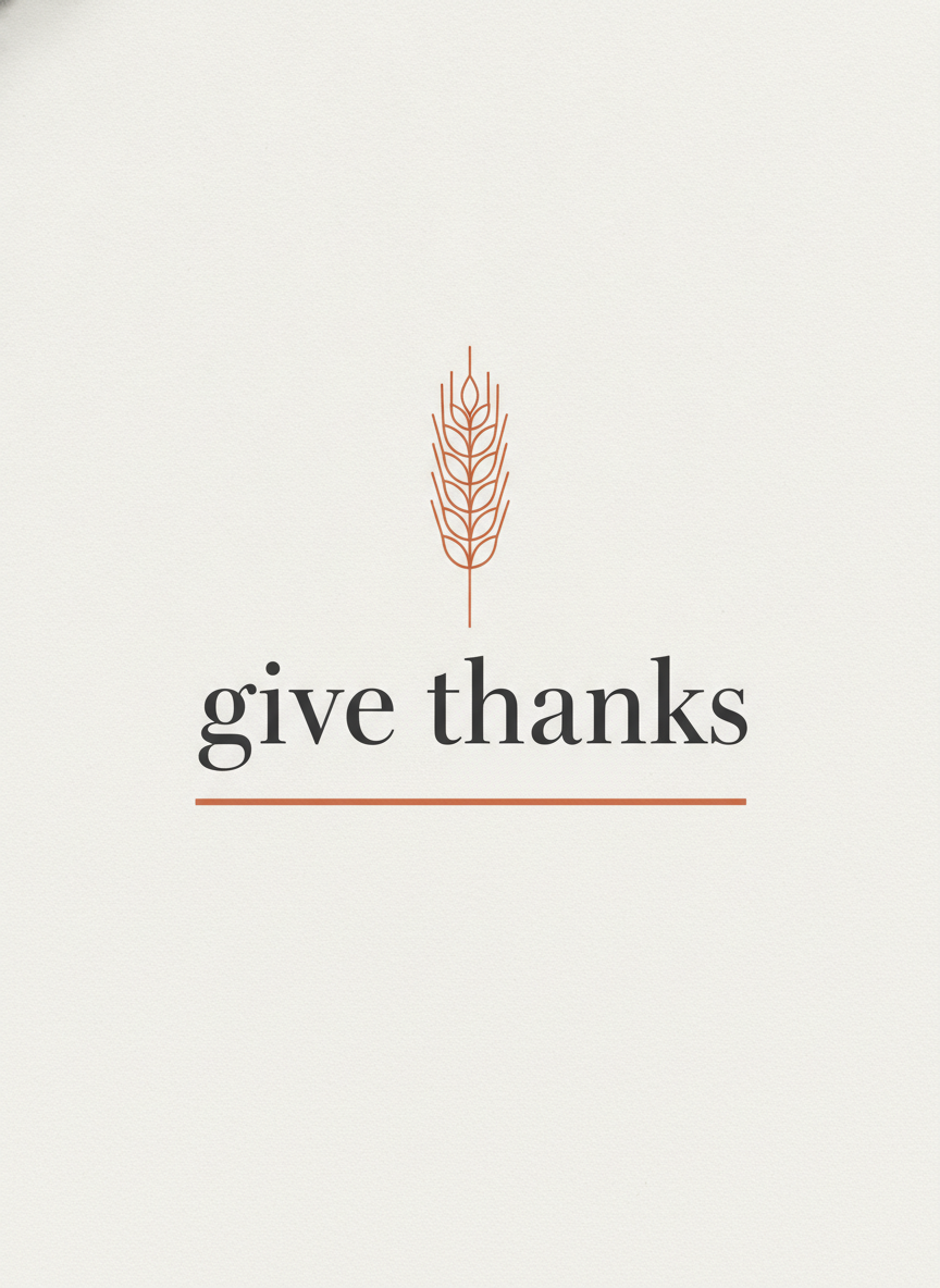 Minimalist AI Thanksgiving card example — a bone white card with a thin terracotta line drawing of a wheat stalk above the words give thanks set in a large lowercase charcoal serif with a fine terracotta rule beneath