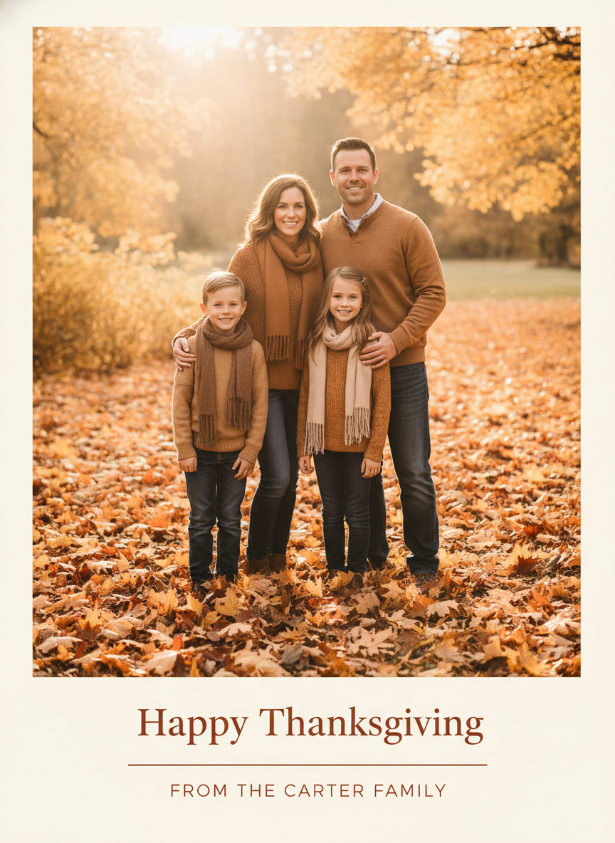 AI Thanksgiving photo card example — an autumn family photograph of four people among golden fallen leaves above a cream band reading Happy Thanksgiving in rust serif with the family name in small spaced capitals underneath