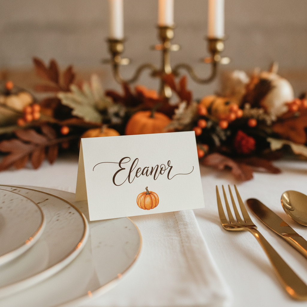 AI Thanksgiving place card example — a folded cream cardstock place card printed with the name Eleanor in dark brown calligraphy above a small painted pumpkin, standing on a white linen napkin beside a gold rimmed plate and brass cutlery