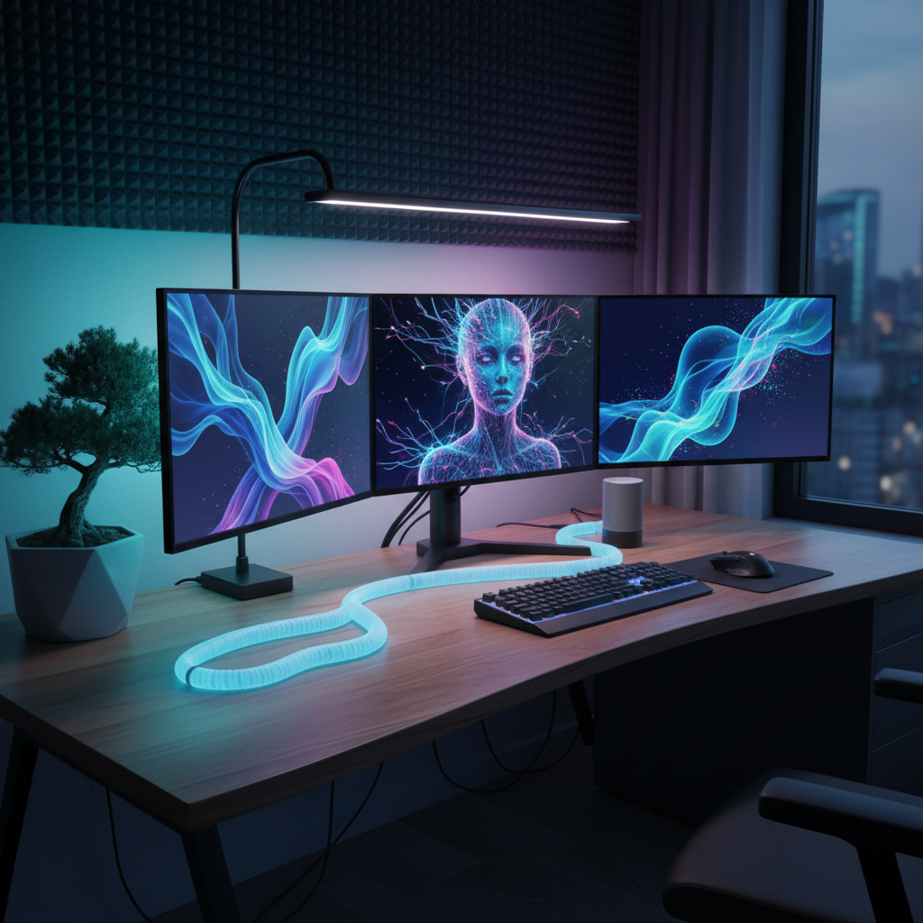 AI Tiny VLLM image generator output — developer workspace with monitors showing AI-generated artwork and neon lighting