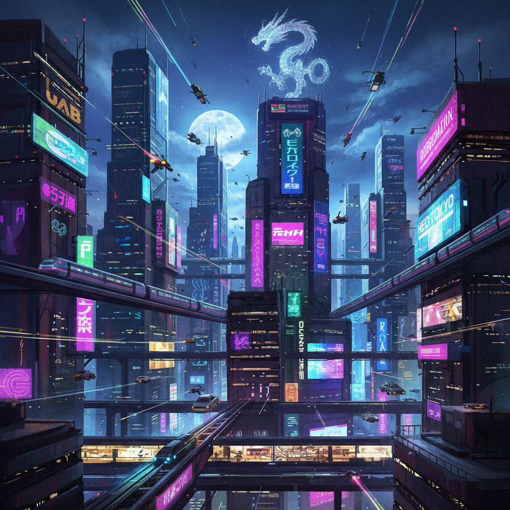 AI Tiny VLLM image generator output — cyberpunk city skyline at night with neon signs and flying vehicles