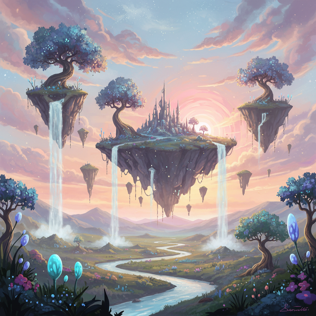 AI Tiny VLLM image generator output — fantasy landscape with floating islands, waterfalls, and glowing flora
