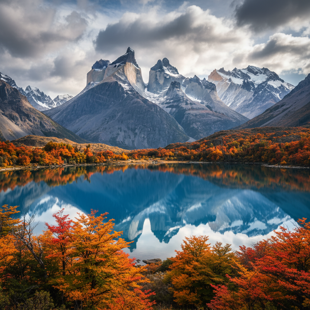 AI travel photo enhancer result on a Patagonia mountain landscape with snow-capped peaks reflected in an alpine lake, vibrant autumn foliage, enhanced color depth and dynamic range