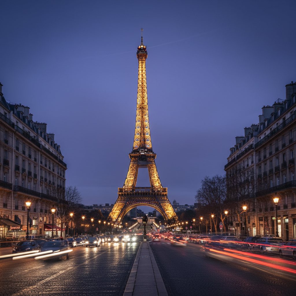 AI travel photo enhancer result on Paris at blue hour with softly lit Eiffel Tower, Haussmann architecture, warm street lamps against indigo sky, enhanced city lights and shadow detail