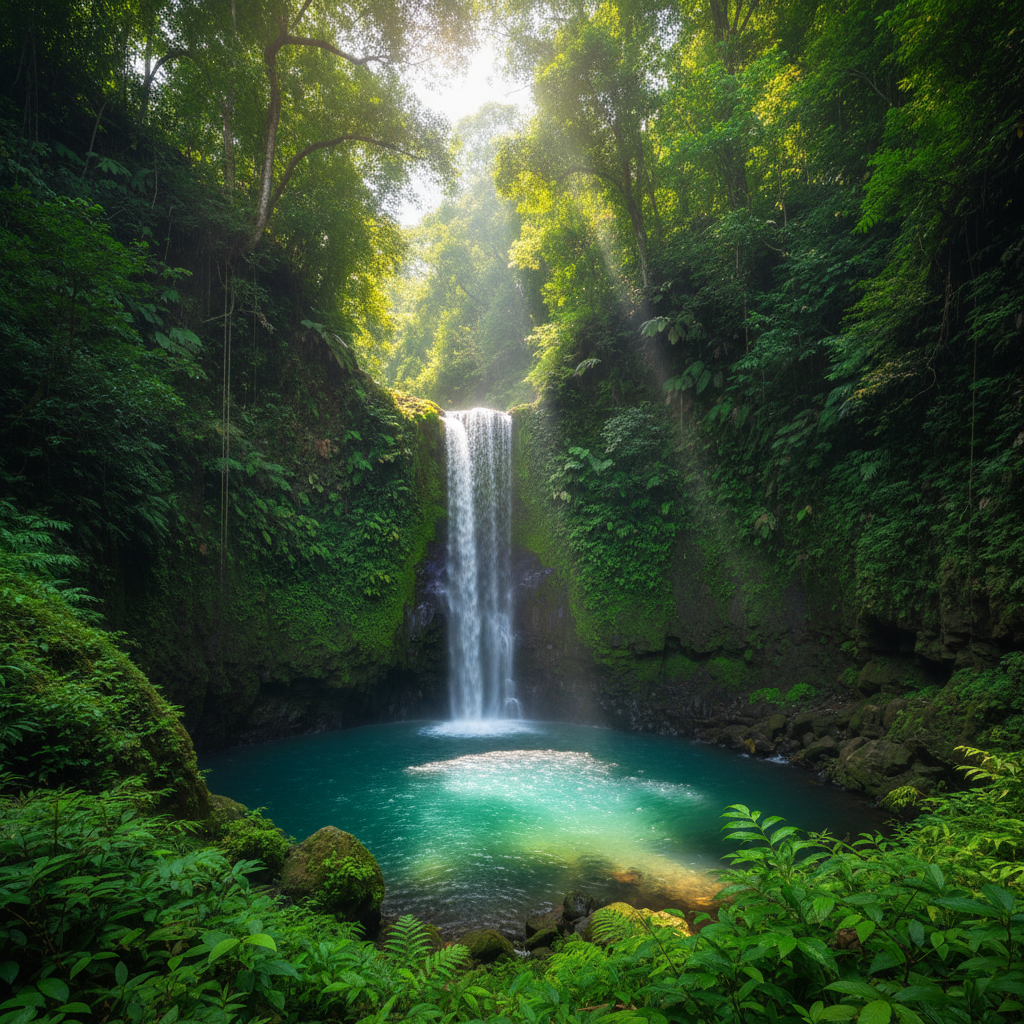 AI travel photo enhancer result on a Bali jungle waterfall with turquoise plunge pool, emerald ferns, mossy basalt cliffs, sunbeams through canopy, enhanced color vibrance and balanced range