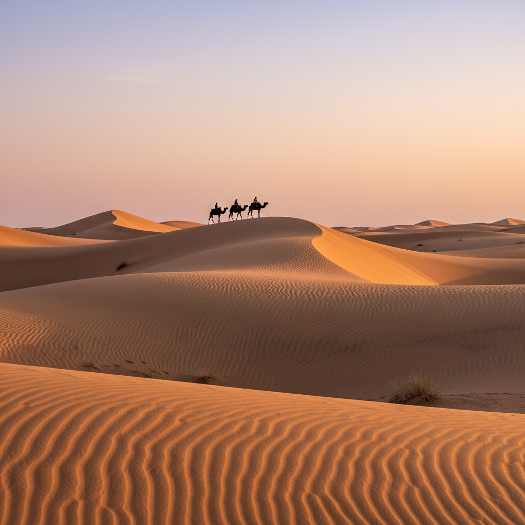 AI travel photo enhancer result on golden Sahara desert dunes at sunrise with rippled sand, lone camel caravan silhouette, warm amber light, enhanced texture detail and color depth