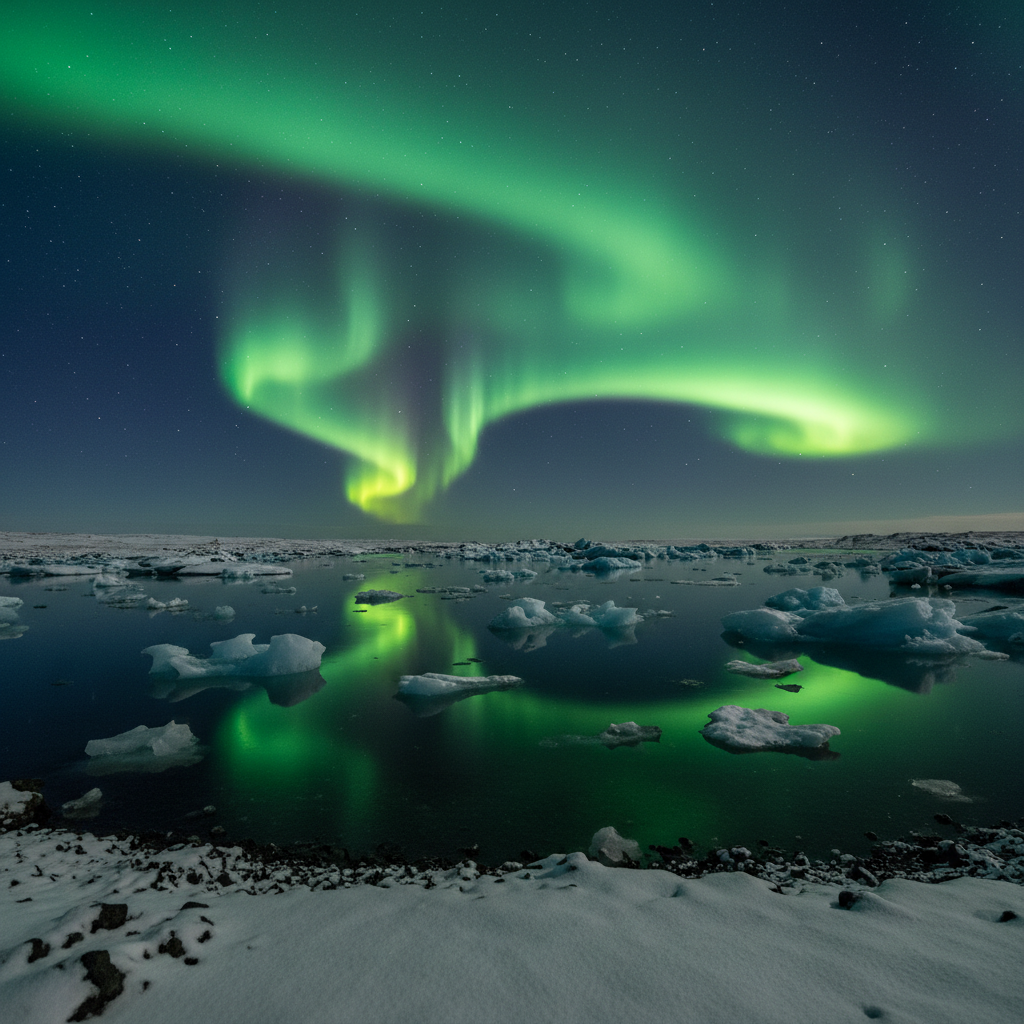 AI travel photo enhancer result on Icelandic glacier lagoon with vivid aurora borealis reflected on still water, floating ice chunks, enhanced color saturation and clean night sky noise reduction