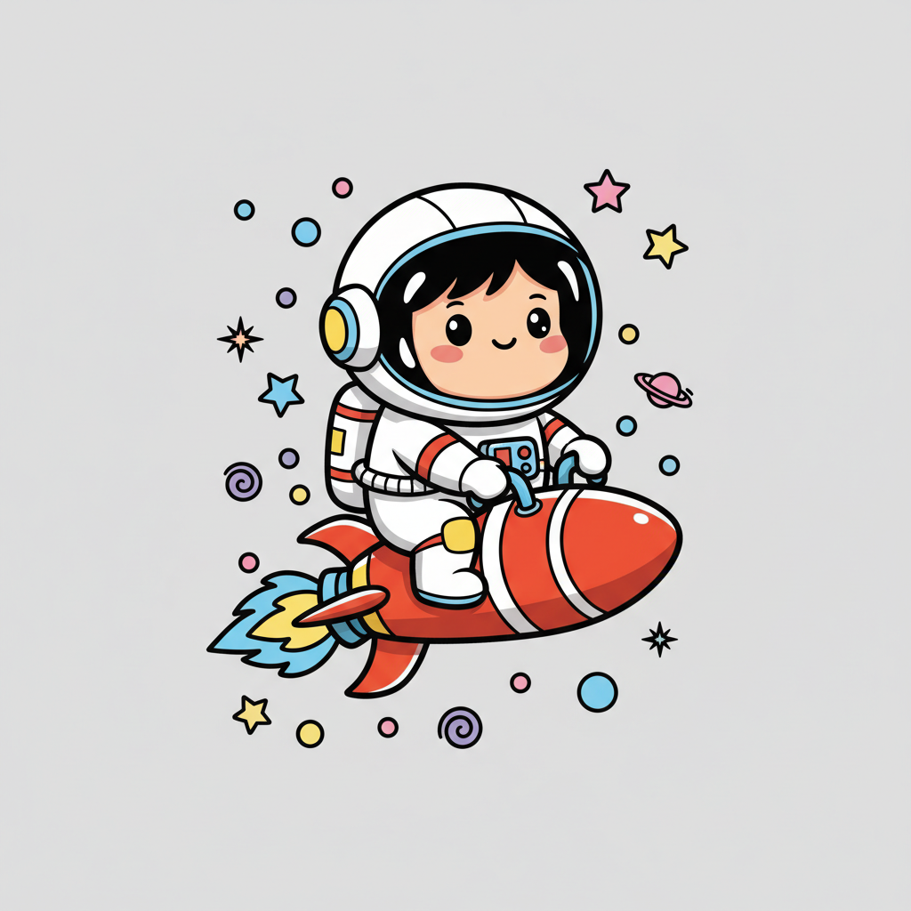 AI t-shirt design of a cute cartoon astronaut riding a rocket