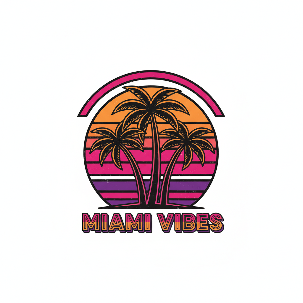 AI t-shirt design with a retro sunset and palm trees in a warm colour palette