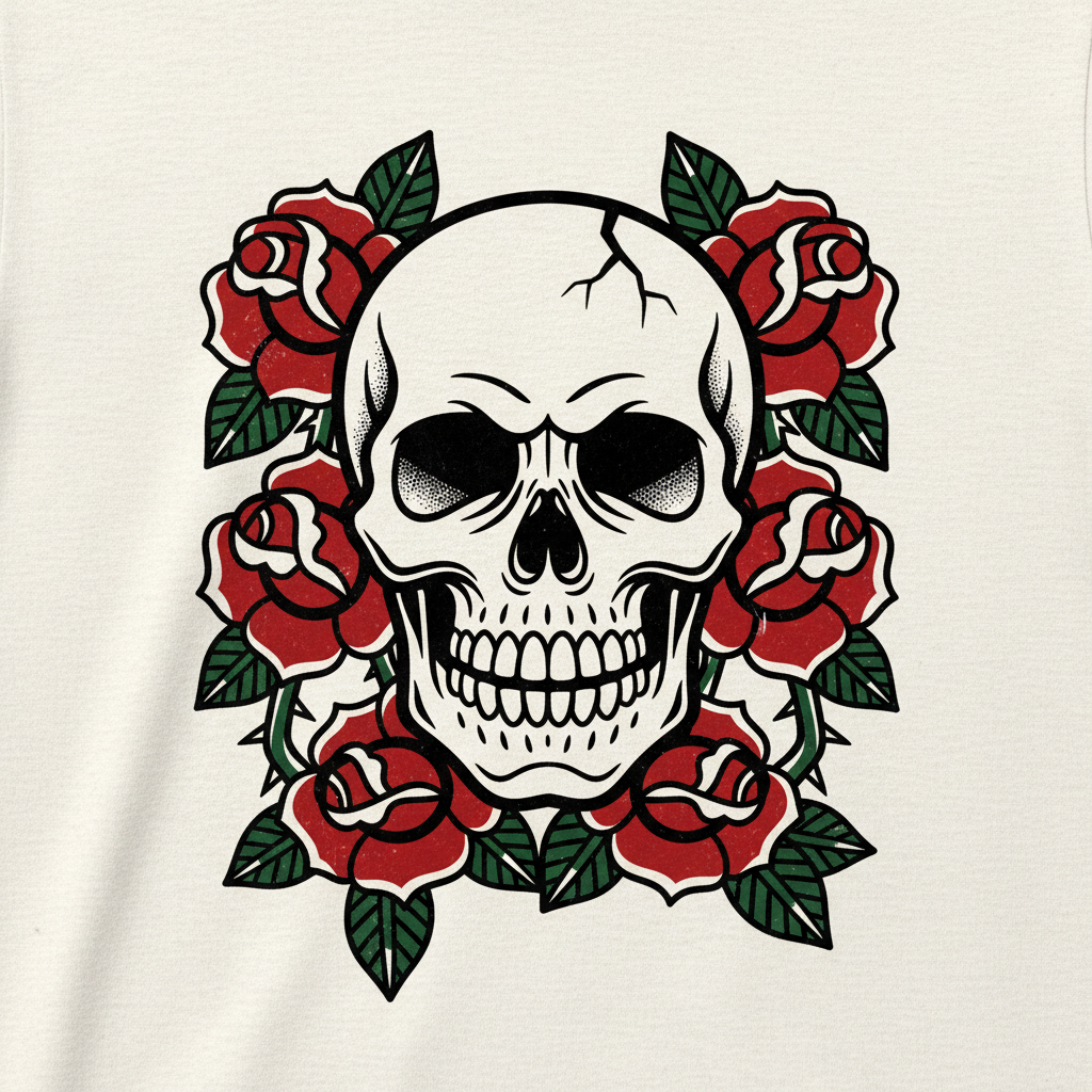 AI t-shirt design of a vintage tattoo-style skull surrounded by roses