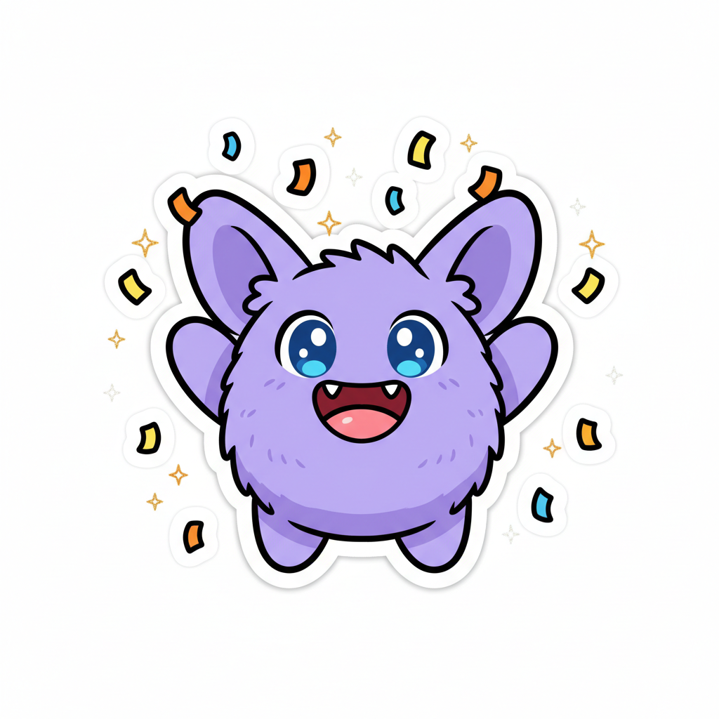 AI Twitch emote generator result — an excited cheering cartoon mascot hype emote with confetti