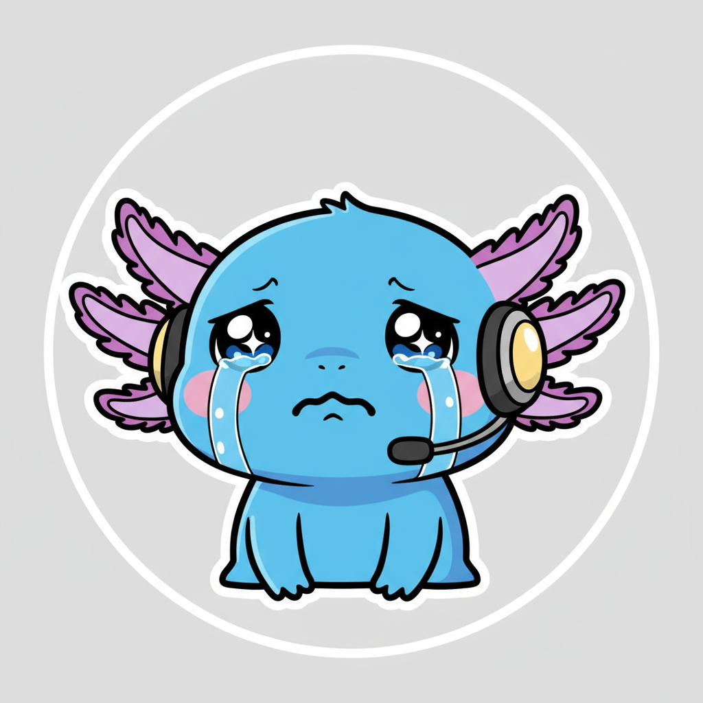 AI Twitch emote generator result — a sad teary-eyed cartoon mascot emote