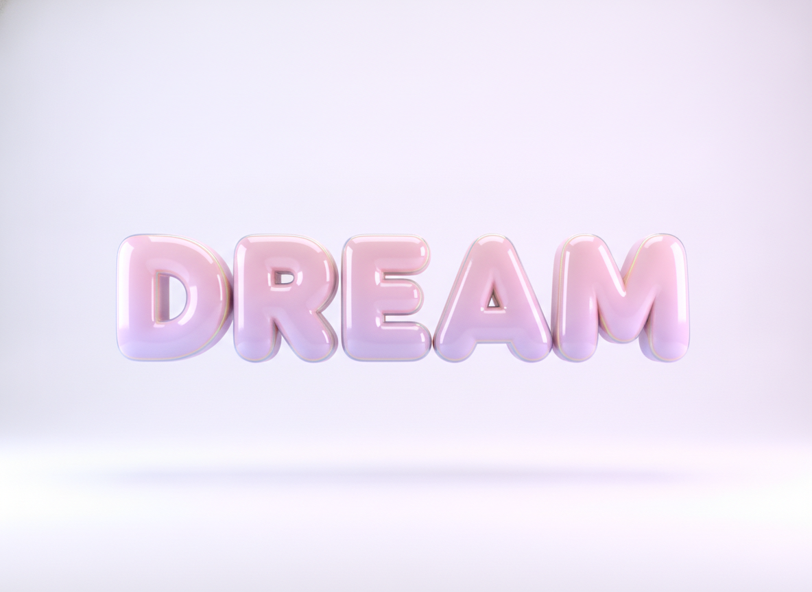 AI typography generator example — the word DREAM in thick rounded 3D extruded letters with pastel pink and lilac gradients and a wet glass finish