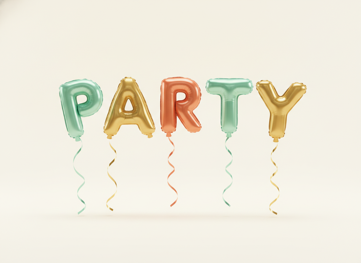 AI word art generator example — the word PARTY spelled out in shiny mint gold and coral foil balloon letters on a cream backdrop