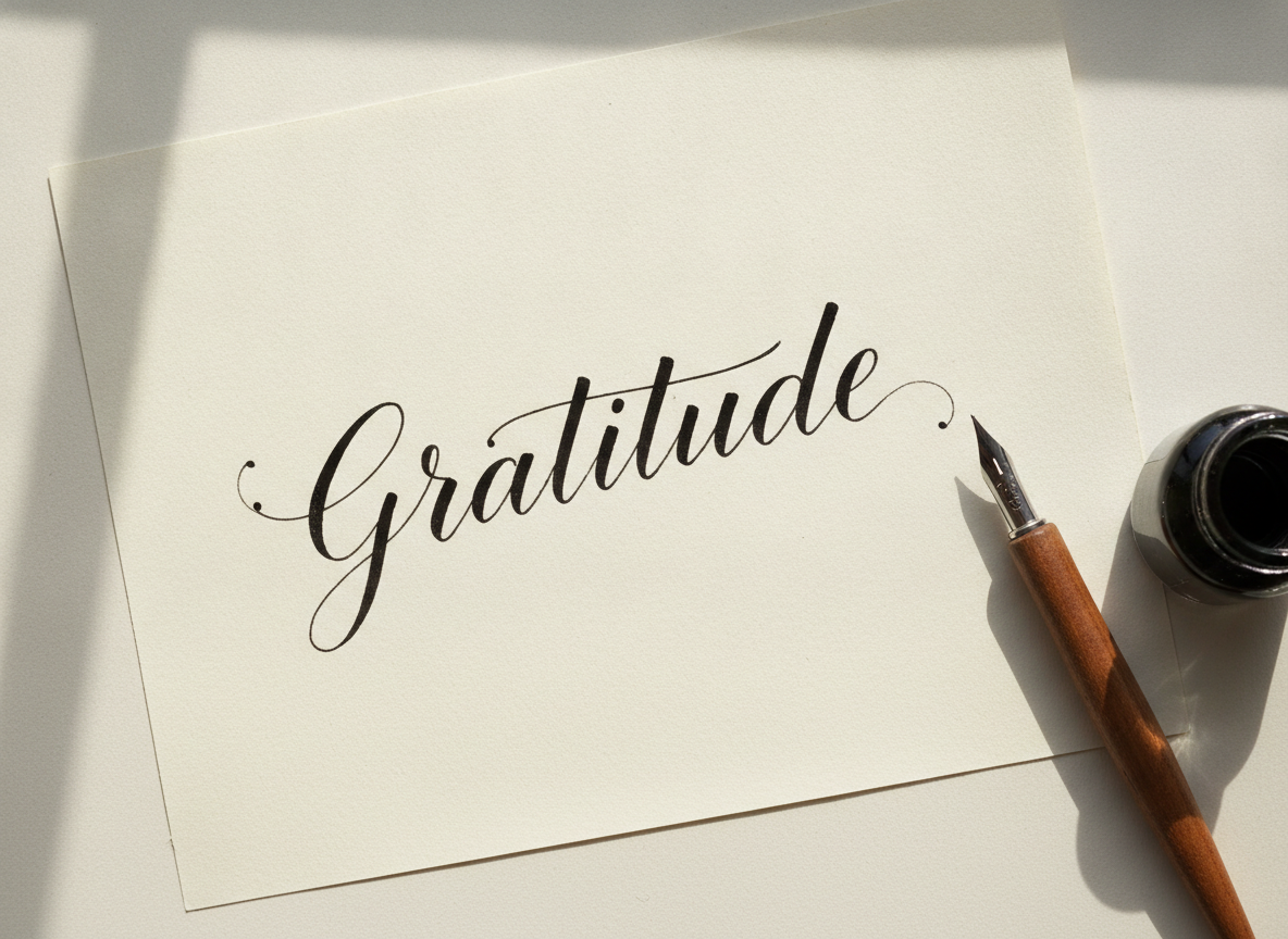 AI calligraphy generator example — the word Gratitude hand lettered in black copperplate script on cream cotton paper beside a dip pen