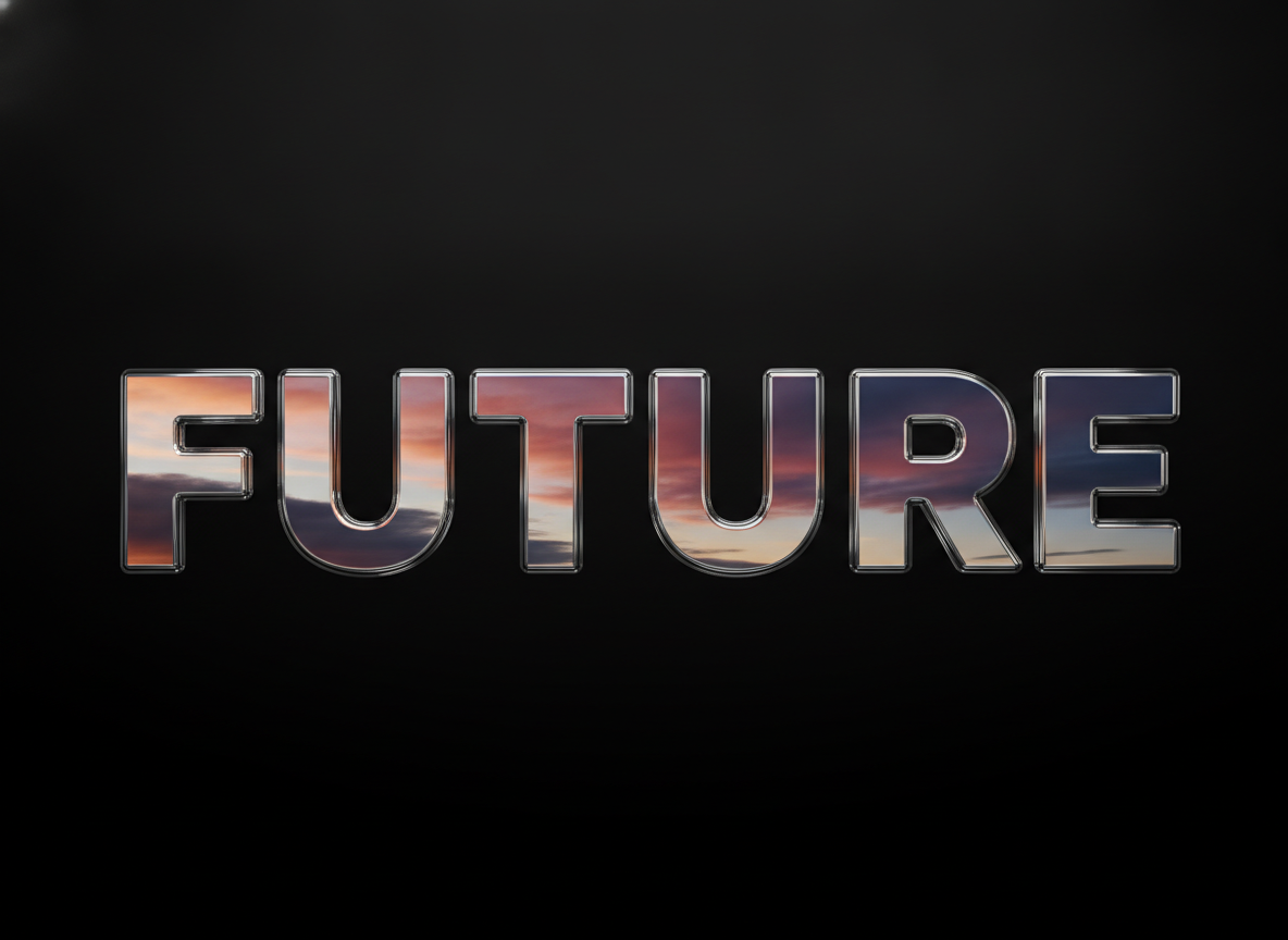 AI 3D text generator example — the word FUTURE in polished liquid chrome condensed sans serif reflecting a sunset gradient