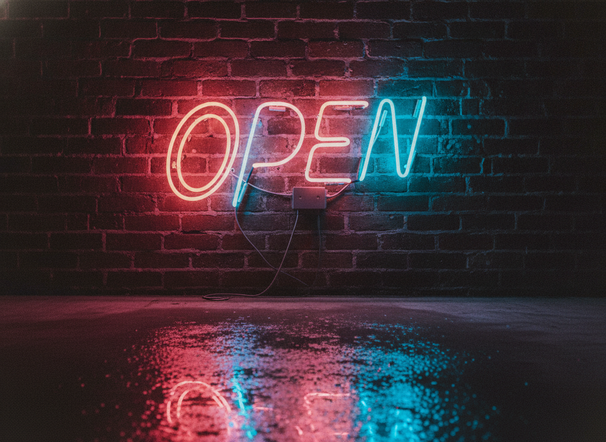 AI text effect generator example — the word OPEN as a pink and cyan neon script sign glowing against a dark brick wall