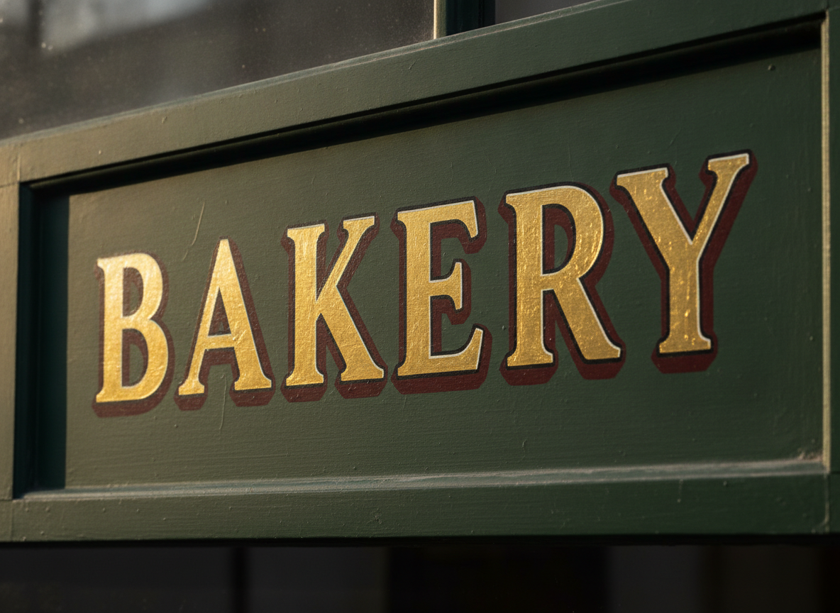 AI lettering generator example — the word BAKERY in gold leaf serif signwriting with a maroon drop shadow on a dark green shopfront panel