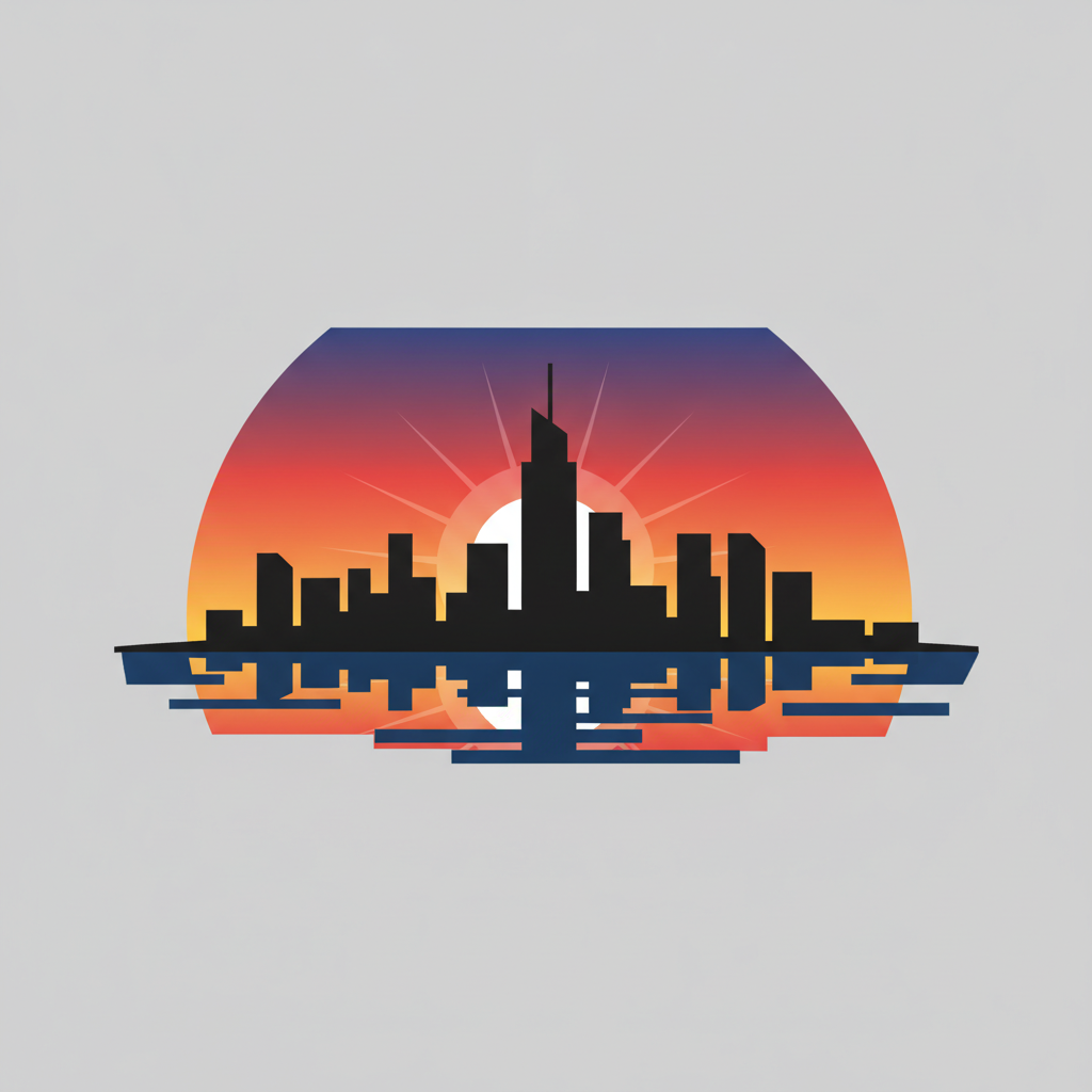 AI vector art generator result — a flat vector city skyline at sunset with skyscraper silhouettes and a gradient sky