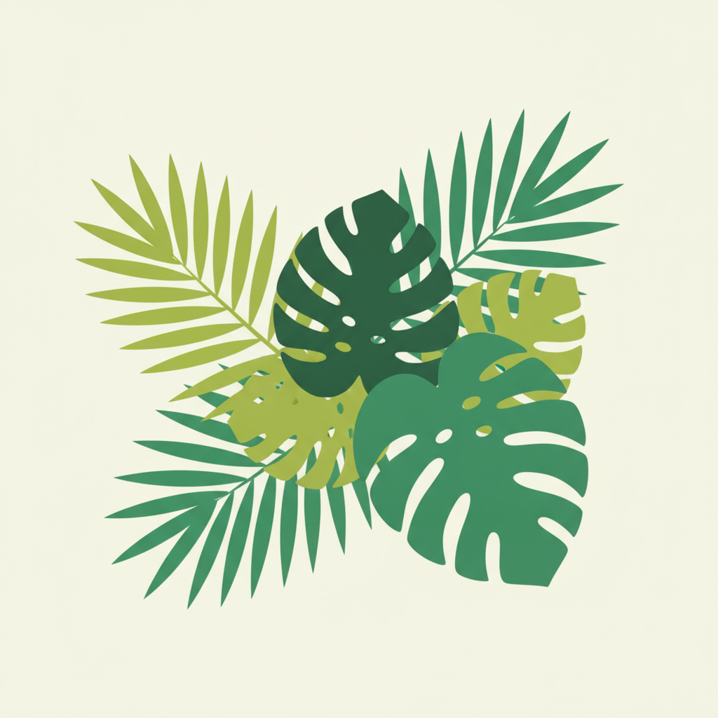 AI vector art generator result — a flat vector botanical illustration of tropical monstera and palm leaves in bold greens