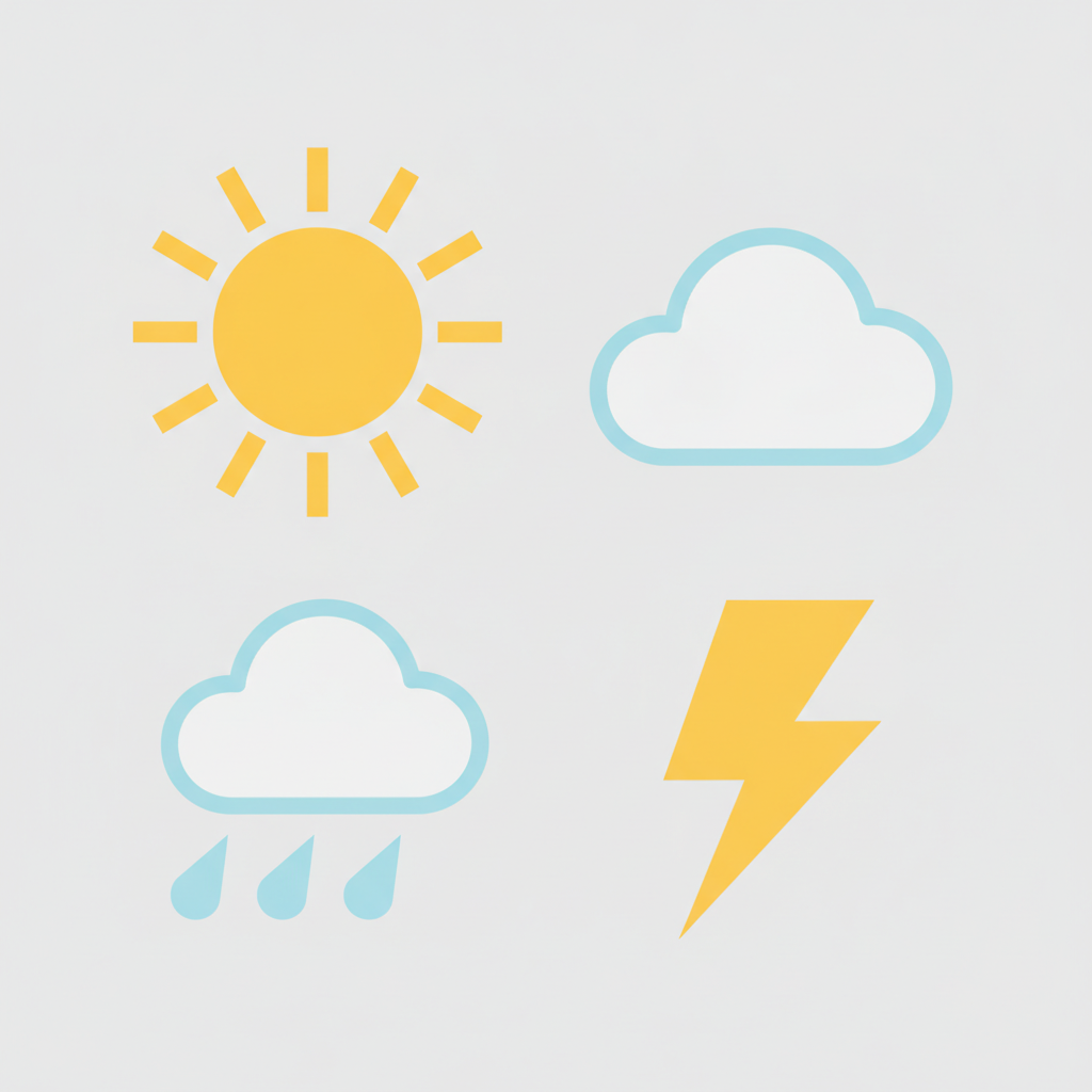 AI vector art generator result — a flat vector weather icon set with sun, cloud, rain and lightning in a clean geometric style