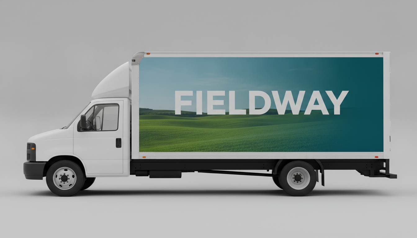 Truck wrap design generator example — side view of a generic unbadged white box truck with a photographic landscape wrap fading into solid teal and the placeholder name Fieldway across the middle