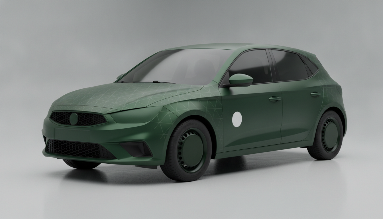 Car wrap design ai example — three-quarter front view of a plain unbadged compact hatchback wrapped in matt forest green with a subtle geometric triangle pattern and a small circular placeholder logo on the door