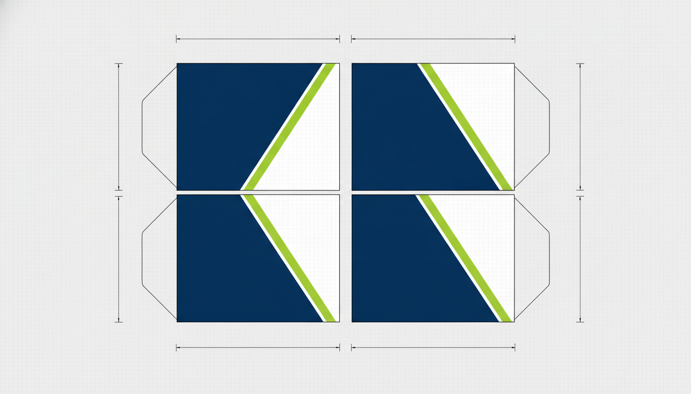 Free vehicle wrap mockup example — a flat technical layout sheet showing van panels as outlined rectangles with navy and lime wrap artwork and dimension lines on a pale grid background