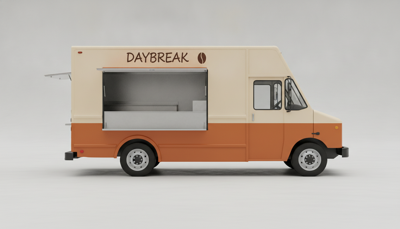 Food truck wrap design example — side view of a generic unbadged food truck with the serving hatch open, cream body with a burnt orange lower band, the placeholder name Daybreak and a coffee bean motif above the hatch