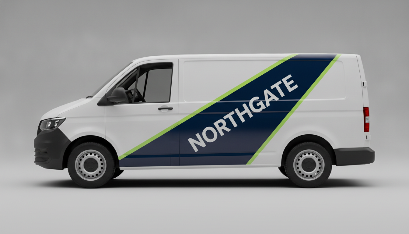 AI vehicle wrap design generator example — side view of a generic unbadged white panel van with a diagonal navy wedge edged in lime green and the placeholder trade name Northgate set along the angle