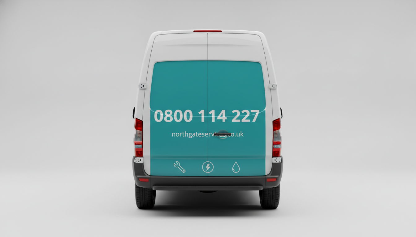 Van wrap design ideas example — rear view of an unbadged white van with a teal panel carrying a large placeholder phone number, a web address partly hidden behind the door handle, and three service icons