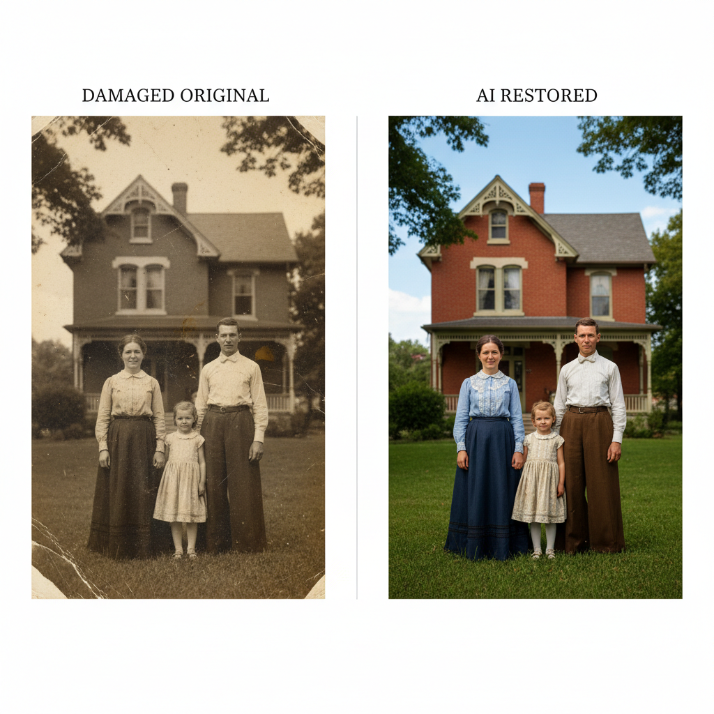 Before and after of an old faded sepia photo restored and colorized by the AI vintage photo restorer