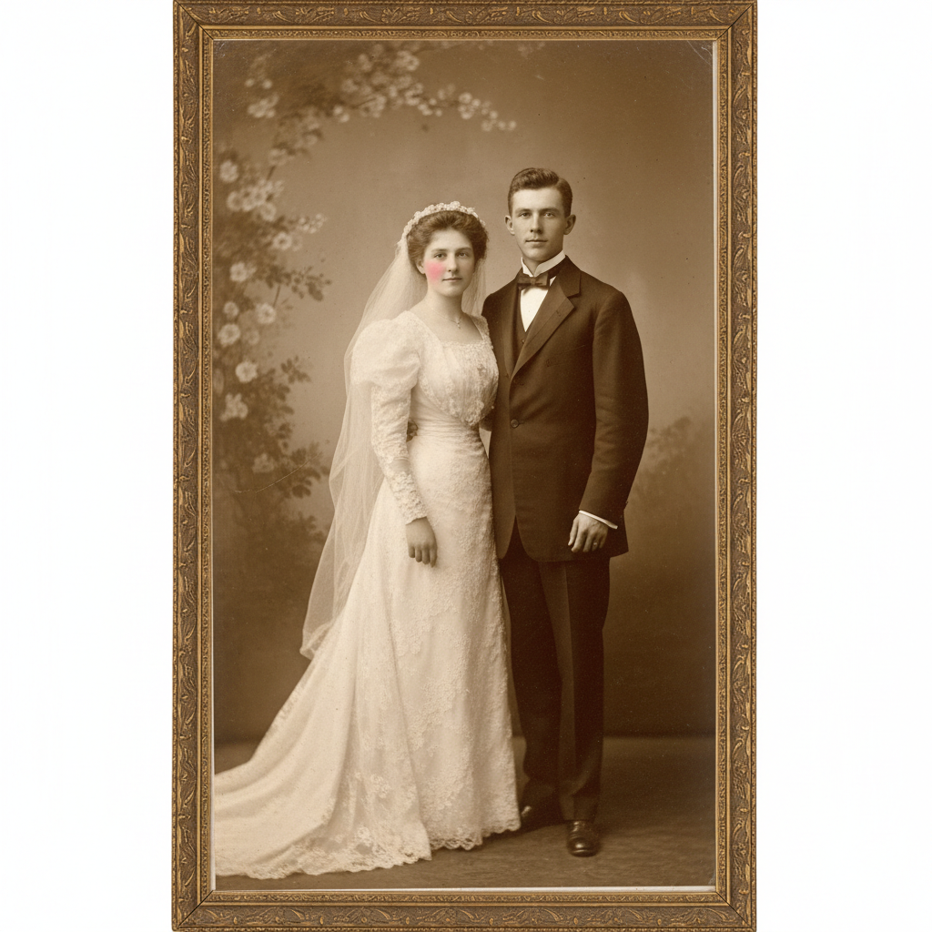 Cracked yellowed antique wedding photo from the early 1900s restored with realistic skin tones and fabric texture