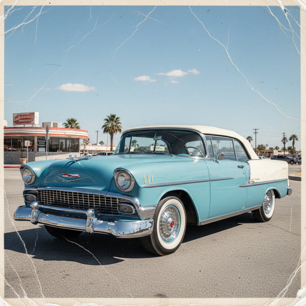 Old creased photograph of a 1950s vintage automobile restored to pristine color and sharpness