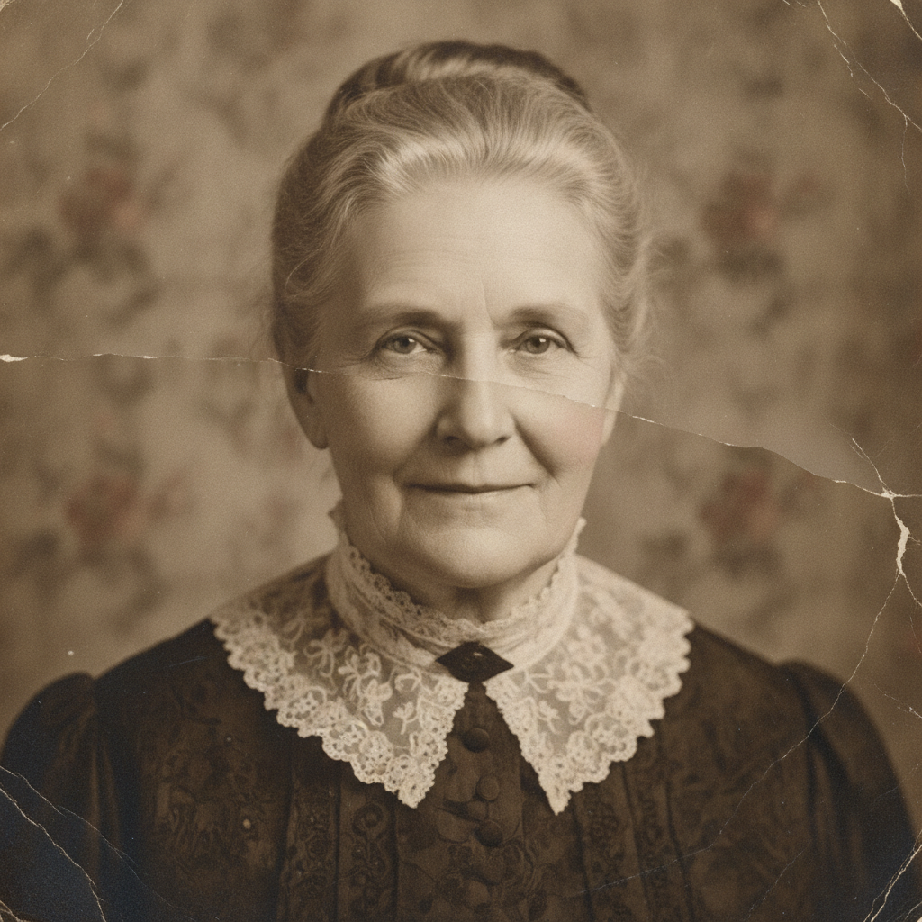 Water-damaged torn grandmother portrait fully restored by AI with reconstructed missing areas and warm lighting