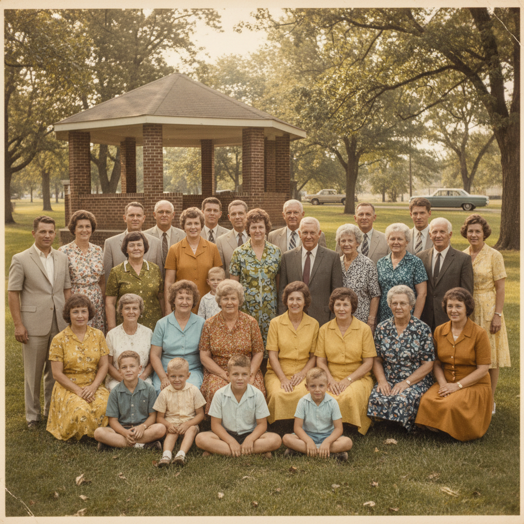 Blurry discolored 1960s family reunion photo restored to sharp vibrant archival quality by the AI vintage photo restorer