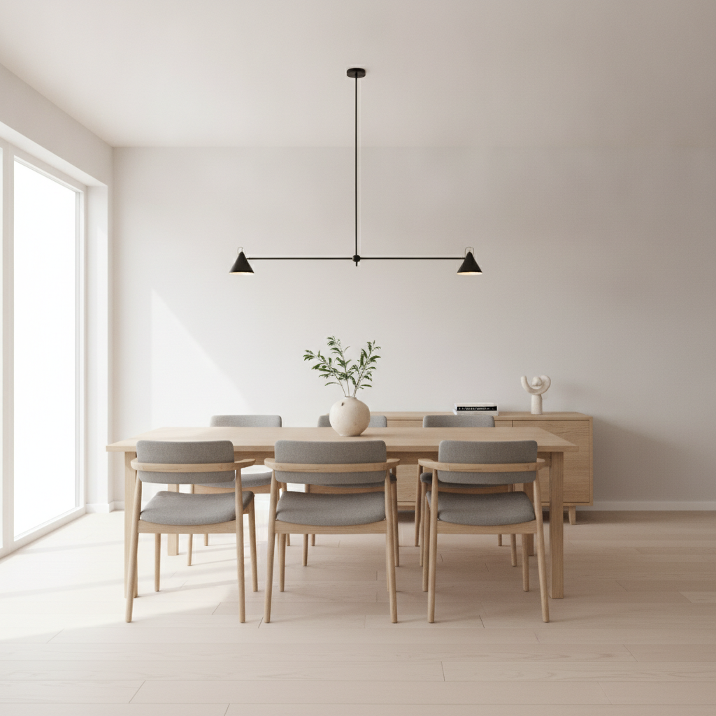 AI virtual staging example — open plan dining area staged with a light oak table for six and a pendant light