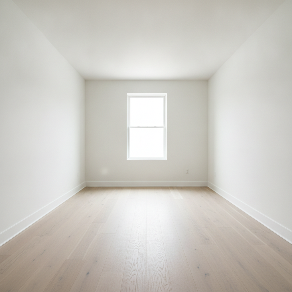 Virtual staging before example — an empty living room with bare walls and oak floorboards, no furniture
