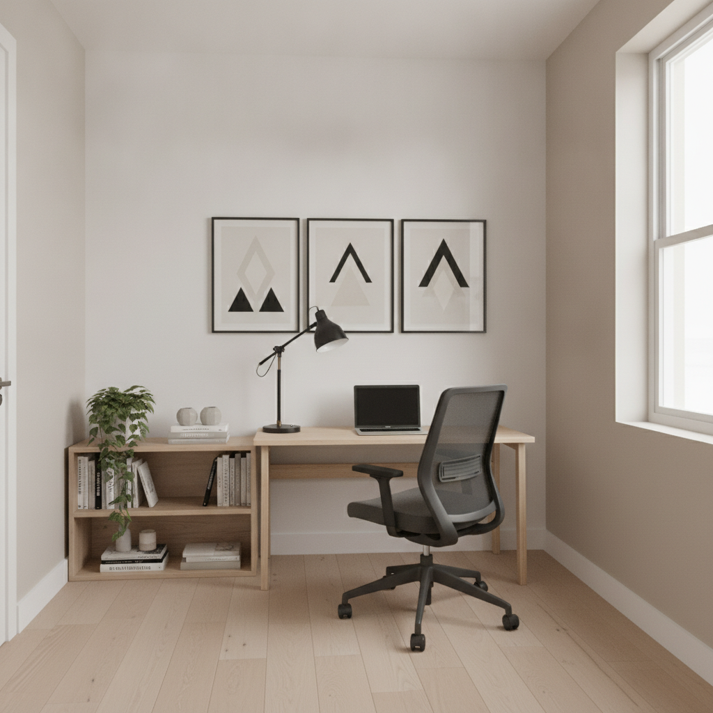AI virtual staging example — spare room staged as a home office with a slim desk, task chair and bookshelf