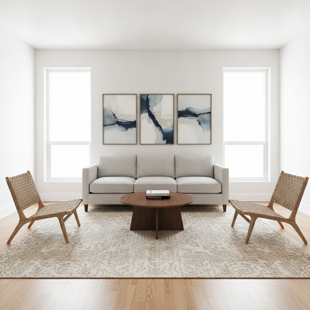 AI virtual staging example — the same living room furnished with a grey sofa, woven accent chairs and a neutral rug