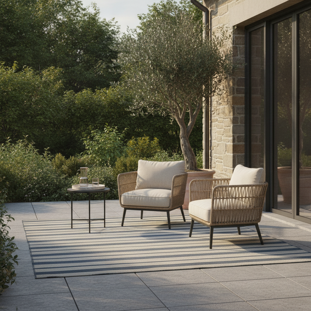AI virtual staging example — patio staged with a rattan lounge set, potted olive tree and outdoor rug