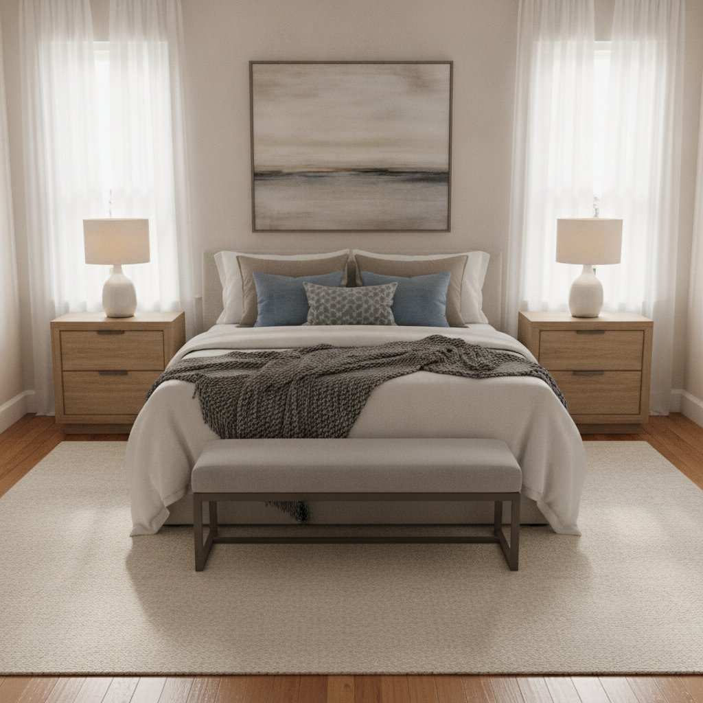 AI virtual staging example — primary bedroom staged with a white linen bed, bedside lamps and a textured rug