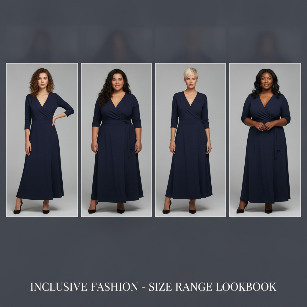 Online fitting room comparison showing the same navy wrap dress on four different body types in a single grid