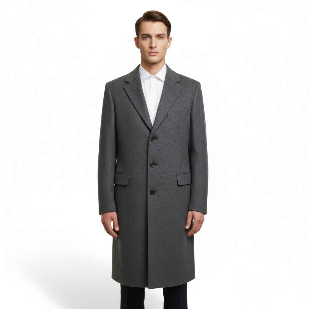Digital clothing try-on result — male model in a charcoal wool overcoat photographed full length on a plain white background