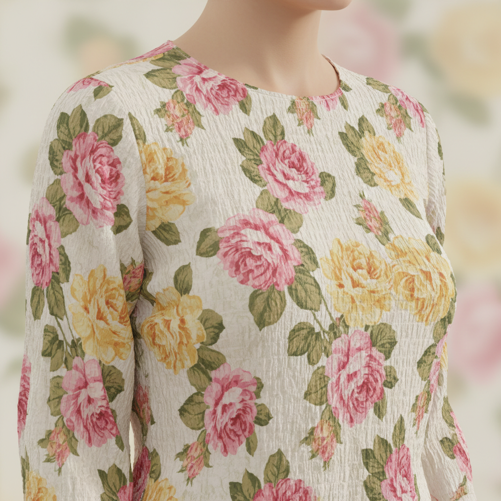 Close-up virtual try-on detail shot showing how a floral print blouse drapes and folds across the shoulders