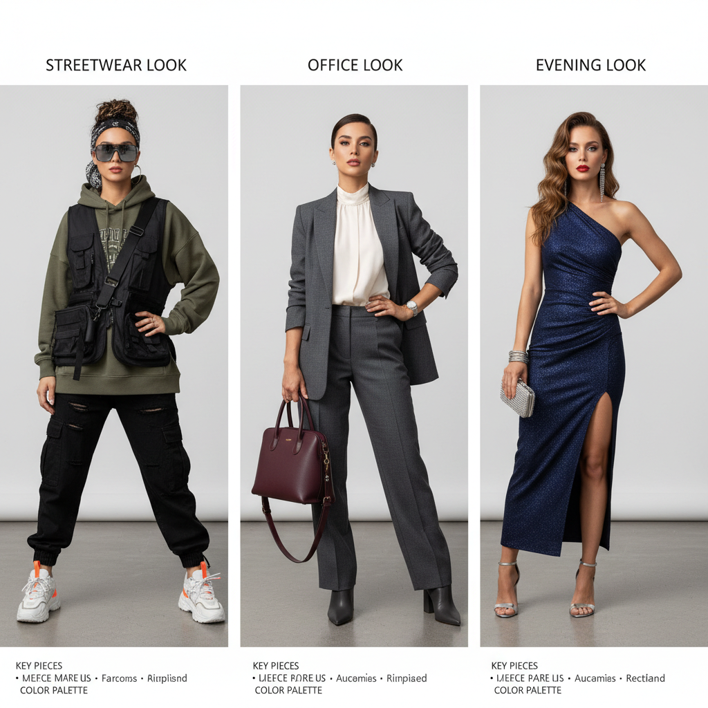 Virtual styling assistant board with one model shown in streetwear, office and evening outfit variations side by side