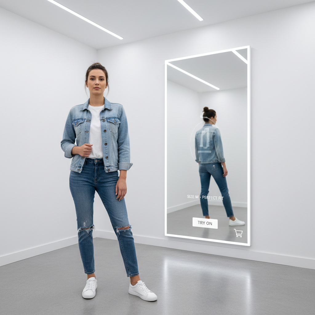 Fashion AI tool lifestyle scene — model in a denim jacket and white sneakers inside a bright minimal retail interior
