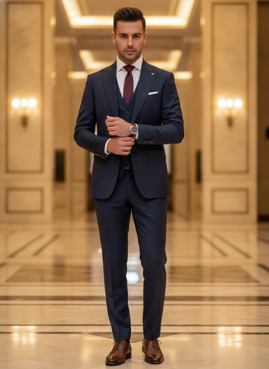 AI outfit try on example — a navy three piece tailored suit with a white shirt and slim burgundy tie in a softly lit hotel lobby